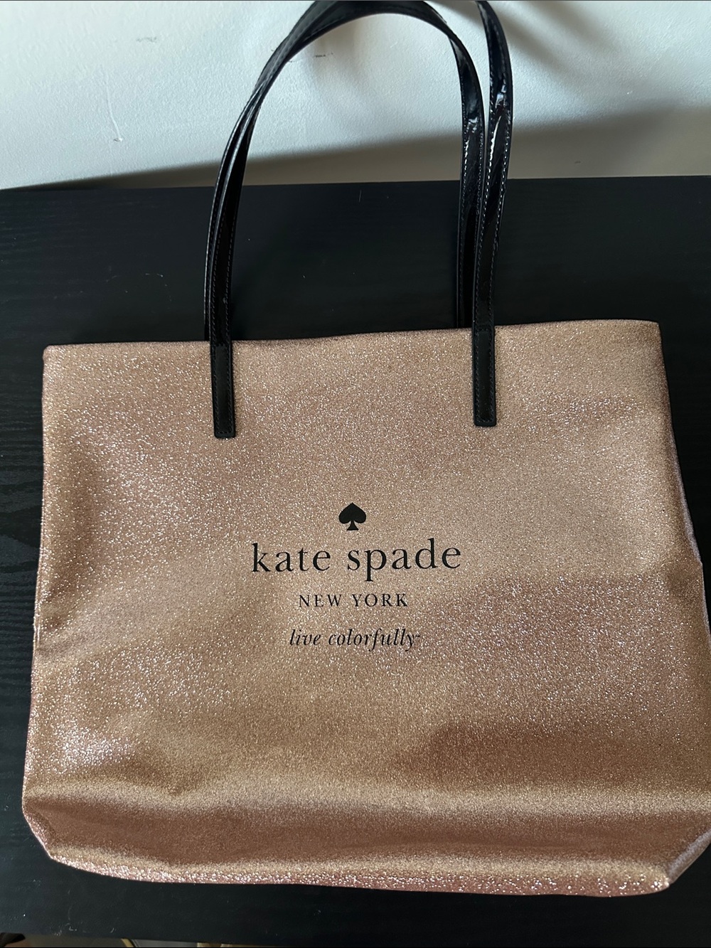 kate spade Rose Gold Glitter Tote with Black Handles